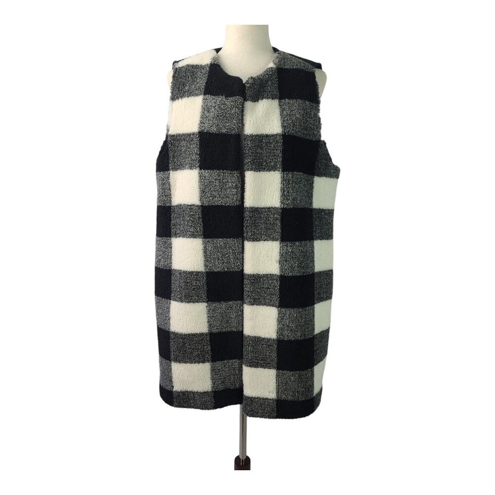 Talbots Black White Plaid Wool Blend Faux Fur Lined Long Vest Large